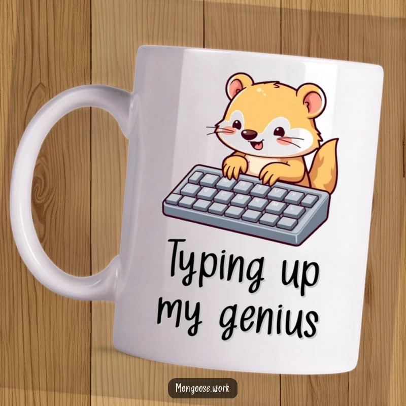 Funny mongoose mug, a cute mongoose enthusiastically typing on a large-keyed keyboard, showcasing a passion for technology and speed.