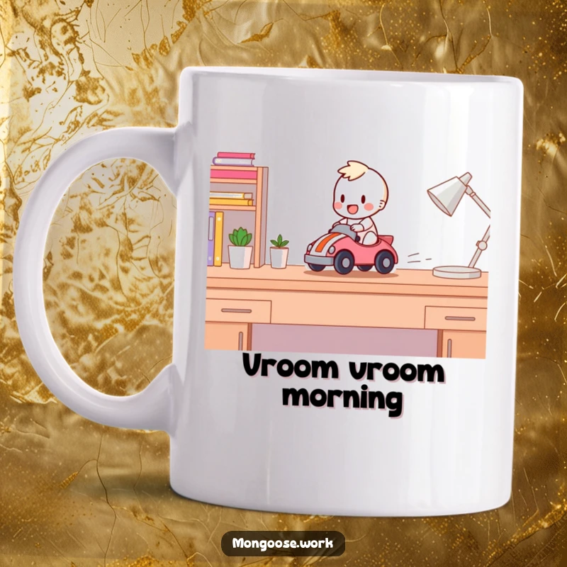 Funny Mug: Happy character joyfully racing a toy car across a desk, embodying speed and fun.