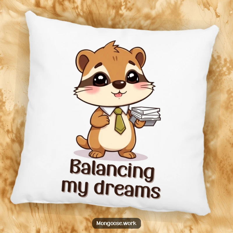 Funny pillow featuring a mongoose in a tie balancing a stack of papers, offering comfort and humor.