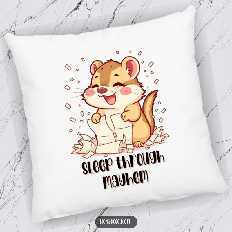 Funny Mongoose Shredding Pillow: A plush cushion featuring a mongoose in the act of enthusiastically shredding papers with pure, unbridled joy.