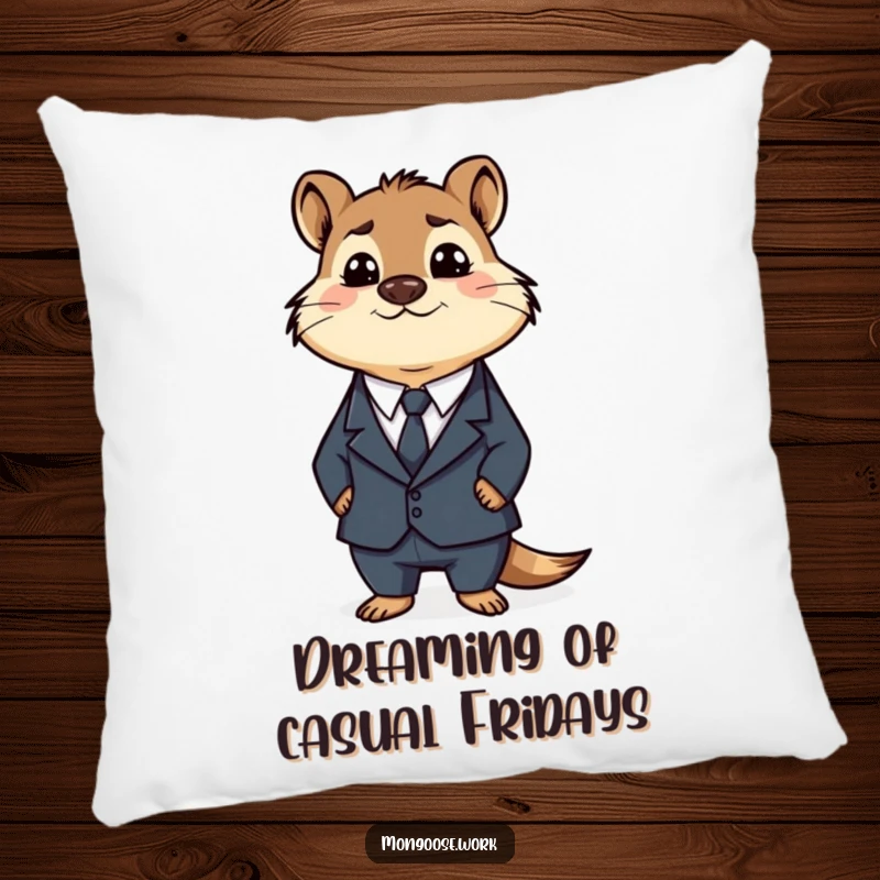 Funny Business Mongoose Pillow: A soft cushion featuring a confused mongoose in a business suit, providing a comfy and funny decorative accent.