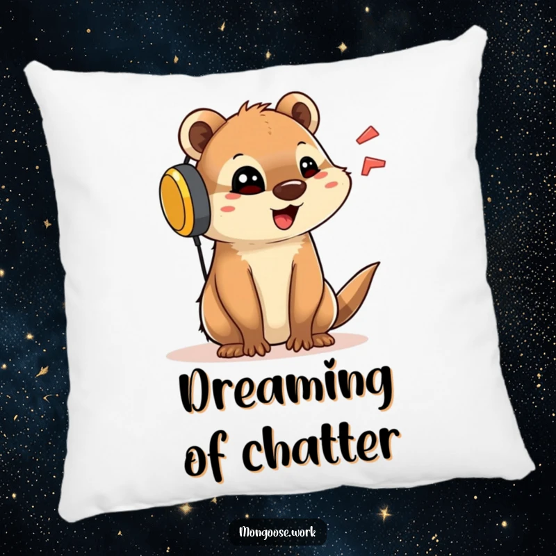 Funny pillow featuring a cute mongoose character with an oversized headset, talking animatedly, perfect for cozy conversations.