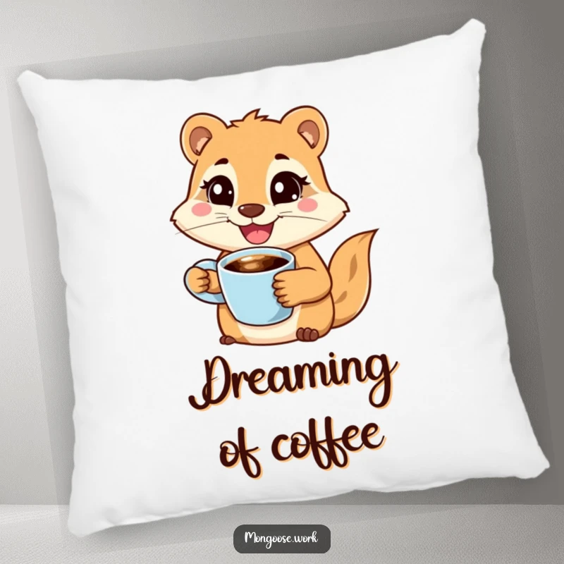 Funny pillow featuring a joyful mongoose character holding a coffee cup with a wide smile, looking determined, offering comfort and humorous decor.