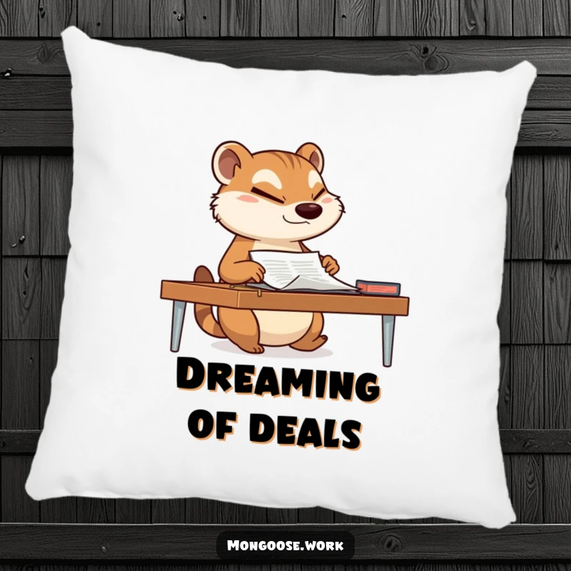 Funny mongoose sliding a document across a desk with a determined wink on a soft pillow, bringing suave humor to relaxation.