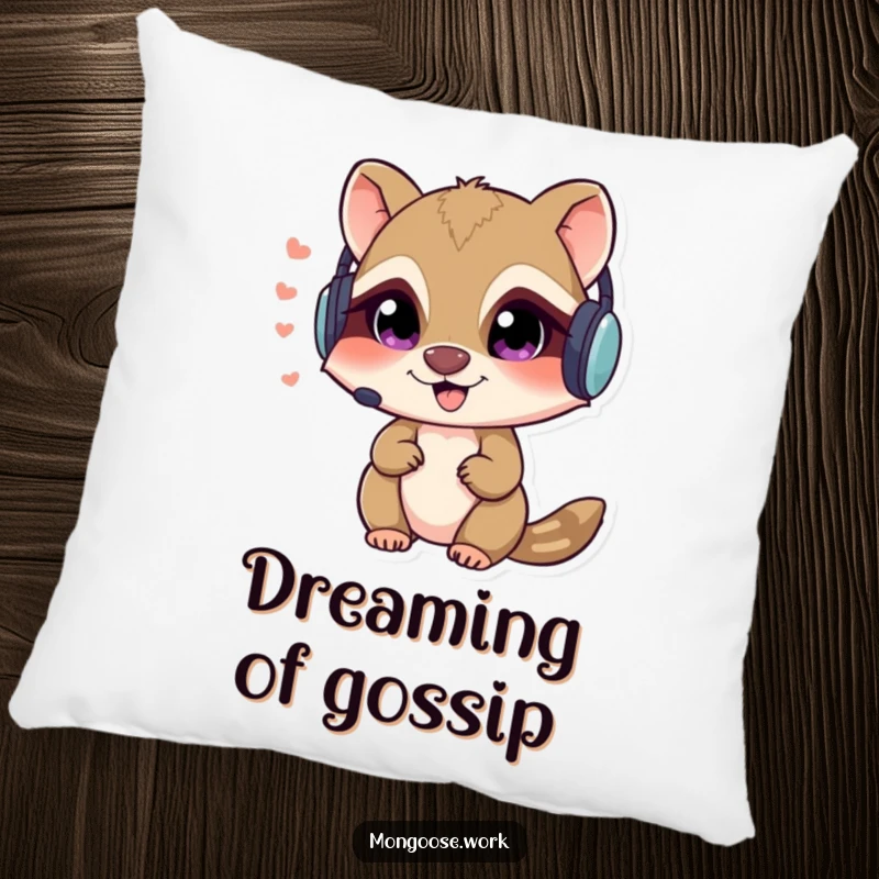 Funny Mongoose spy pillow with a mischievous character in a headset, whispering secrets, designed for comfort and intrigue.
