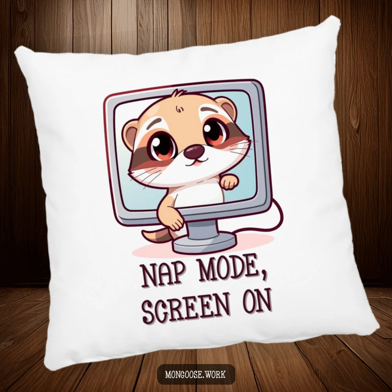 Funny Curious Mongoose Pillow: A soft cushion with a mongoose peering curiously into a computer screen, perfect for tech-themed funny gifts.