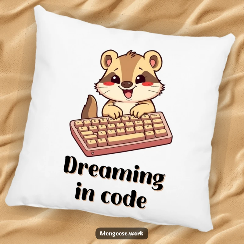 Funny Kawaii mongoose pillow, depicting an excited mongoose typing on a giant keyboard, offering comfort and energetic humor.