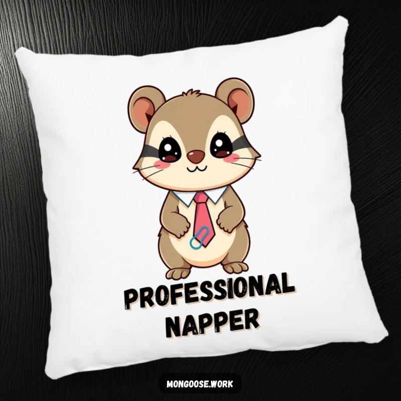 Funny Kawaii mongoose pillow, a mischievous character wearing a tie made of paperclips, soft and humorous decor.