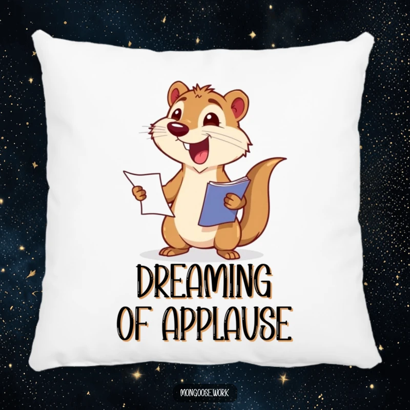 Funny pillow featuring an excited mongoose wagging its tail while presenting a report, offering comfort and joy.
