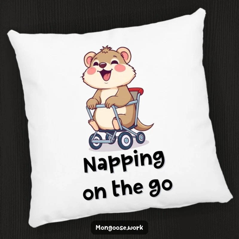 Funny mongoose pillow, a joyful mongoose being pulled in a rolling chair, offering comfort and whimsical decor.