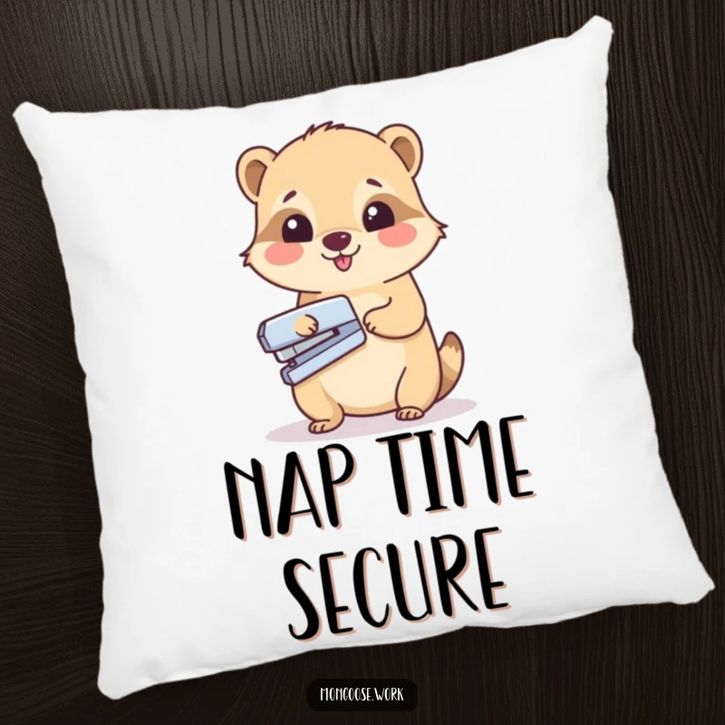 Funny pillow featuring a cute mongoose character stapling a paper, adding a cozy and humorous touch to any office space.