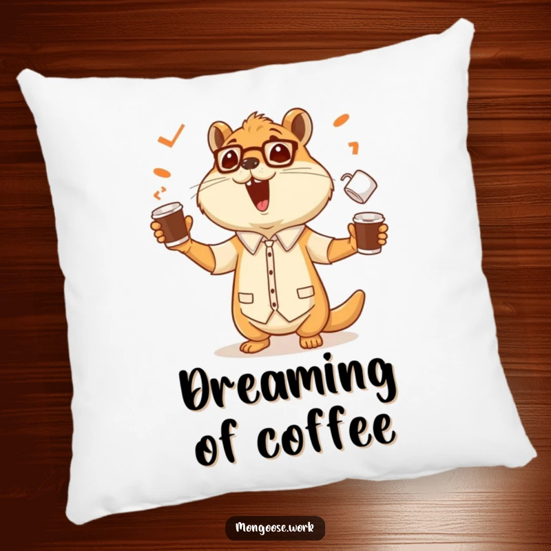 Funny pillow featuring a cheerful mongoose office worker skillfully juggling multiple coffee cups, bringing a sense of energy and fun.
