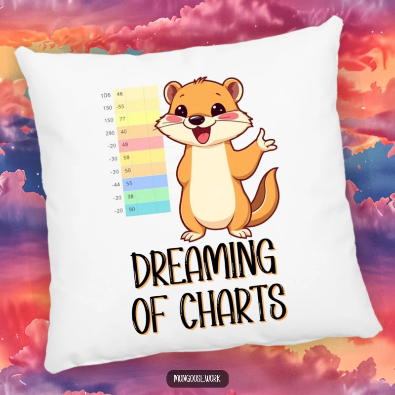 Funny mongoose enthusiastically pointing to a bright, colorful chart on a soft pillow, bringing motivational humor to relaxation.