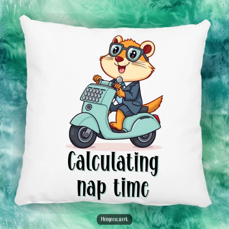 Funny Mongoose Pillow, a mischievous office worker riding an adding machine as a scooter, offering comfort and playful humor.