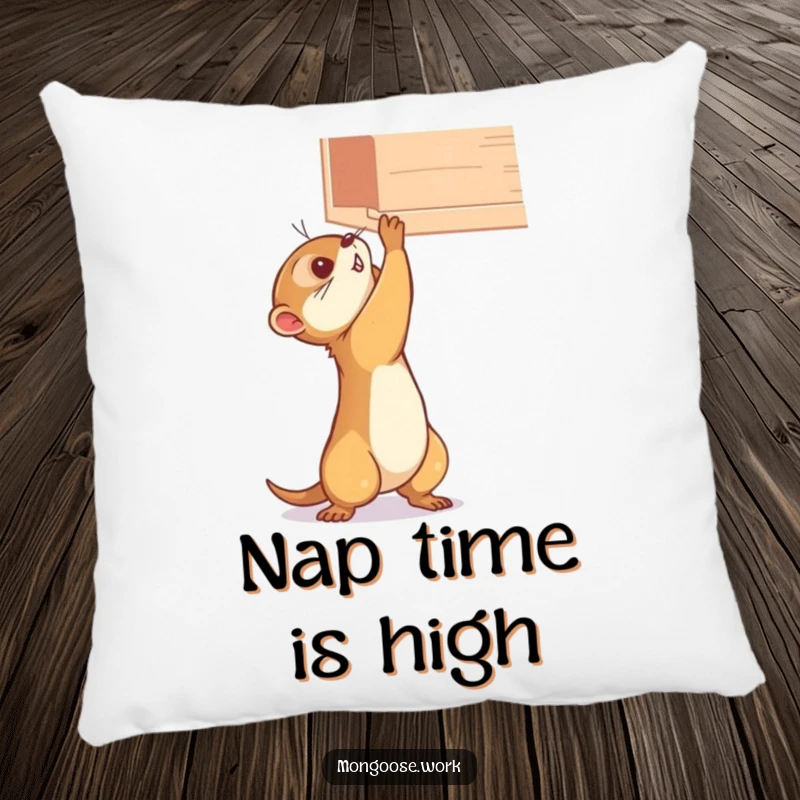 Funny mongoose pillow, stretching with determination for a high shelf, offering plush comfort and humorous aspiration.