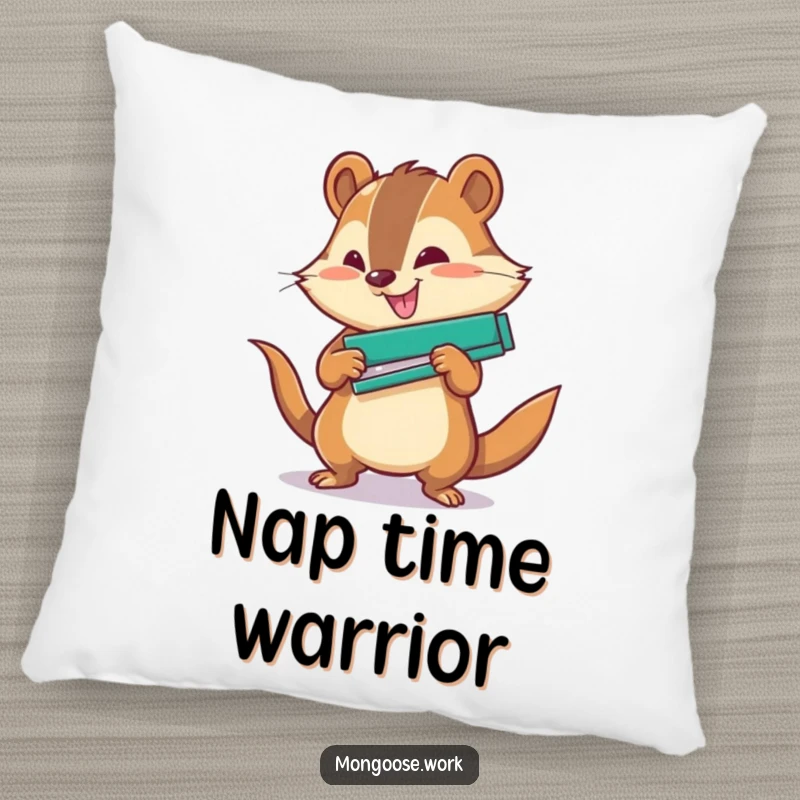 Funny Office Pillow: A soft pillow featuring a mongoose character using a stapler with great force.