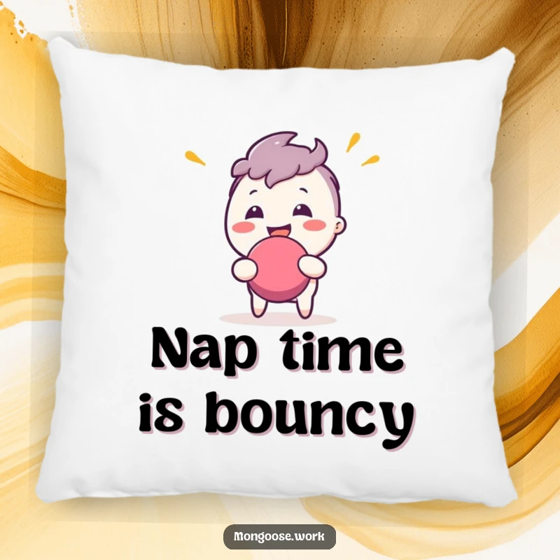 Funny Pillow: Soft cushion featuring a character gleefully bouncing a stress ball, adding humor to any space.