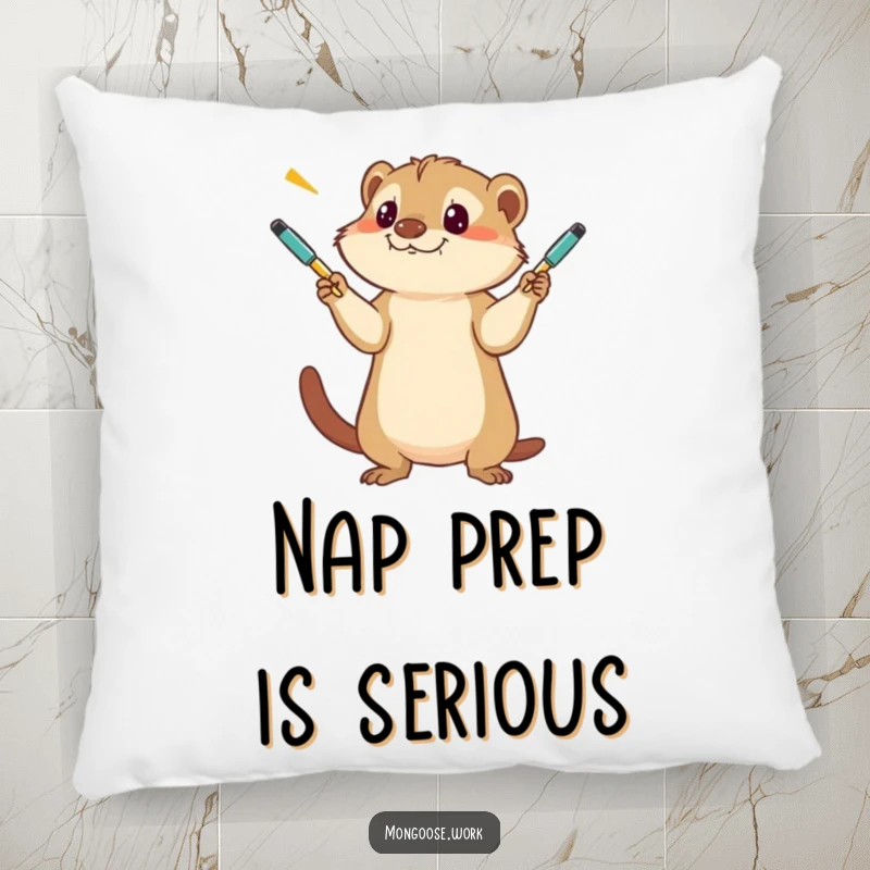 Funny Mongoose Pillow, showcasing a cute mongoose with a serious expression, playfully juggling an assortment of pens on its paws.