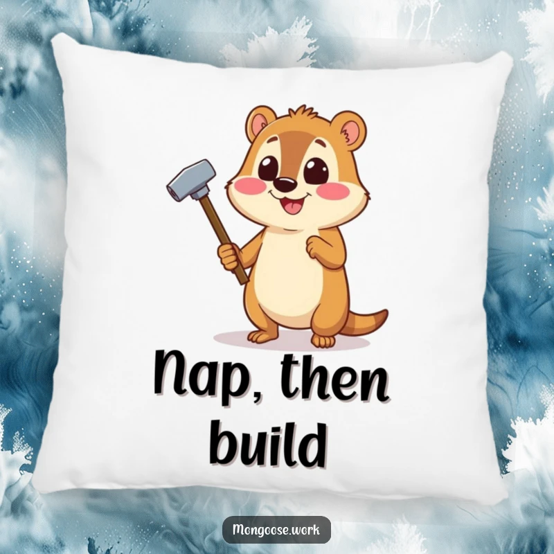 Funny Mongoose DIY pillow featuring a cheerful mongoose using a stapler as a hammer, designed for comfort.