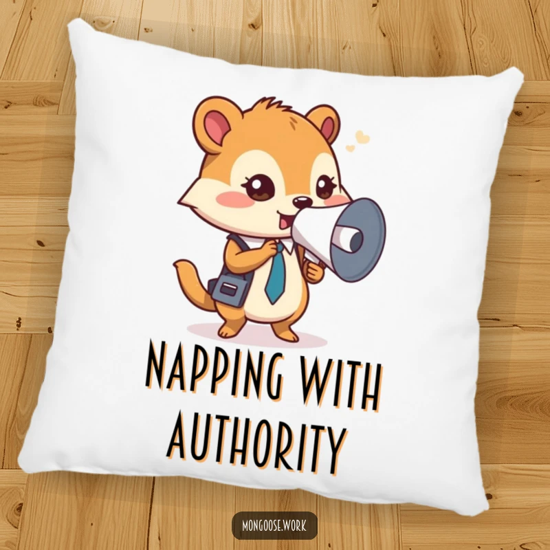 Funny Mongoose Pillow, a focused office worker using a rolled-up document as a megaphone, providing comfort and humor.