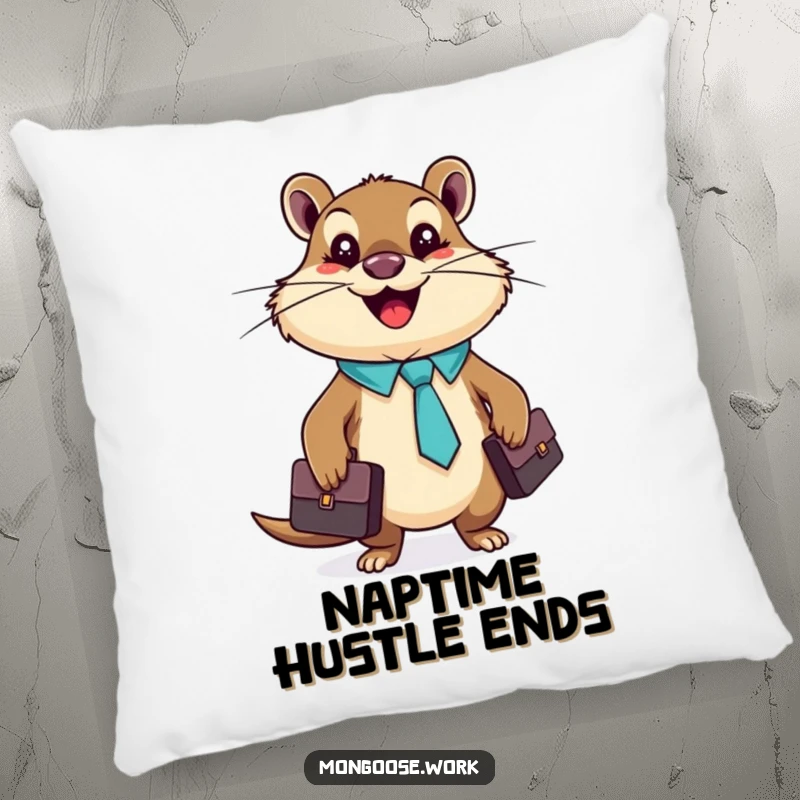 Funny mongoose wearing a tie and holding a briefcase, designed for a comfy funny pillow.