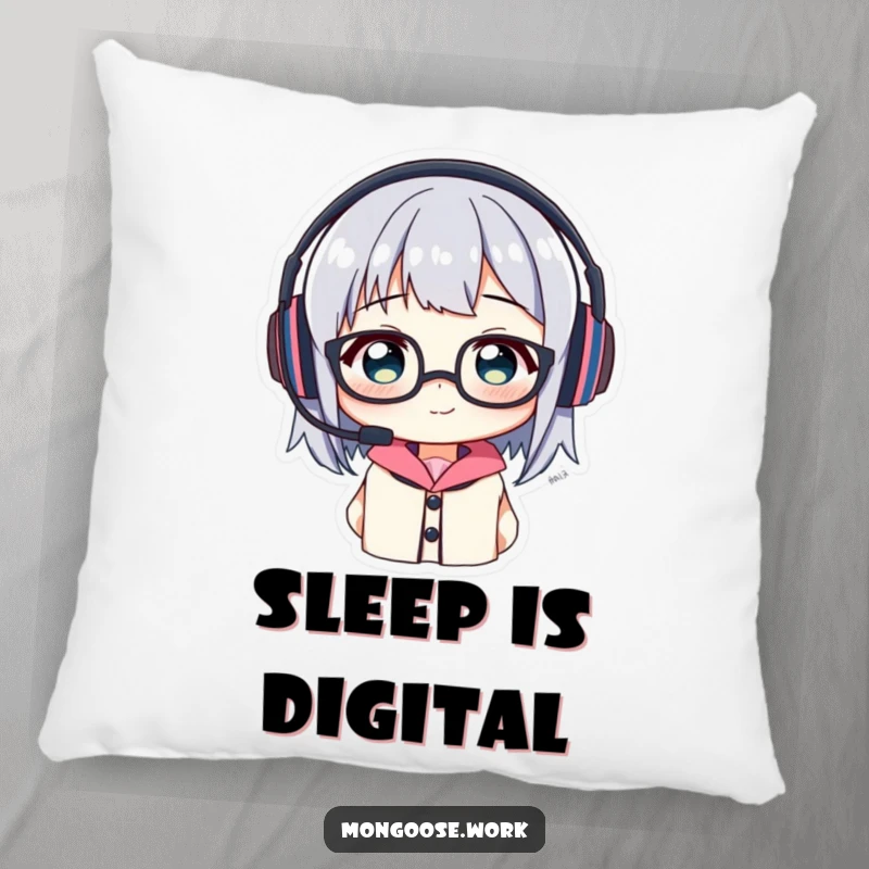 Funny Pillow: Soft cushion depicting a character comically struggling with headset and glasses, adding humor.