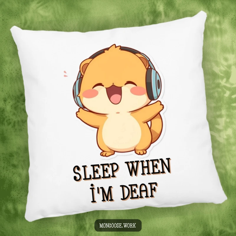 Funny Mongoose Pillow: A soft pillow featuring a mongoose character joyfully bobbing its head with headphones.