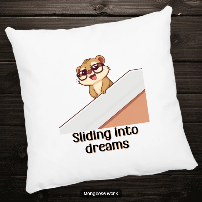 Funny mongoose wearing glasses slides down a desk banister with glee, on a soft pillow for cozy comfort.