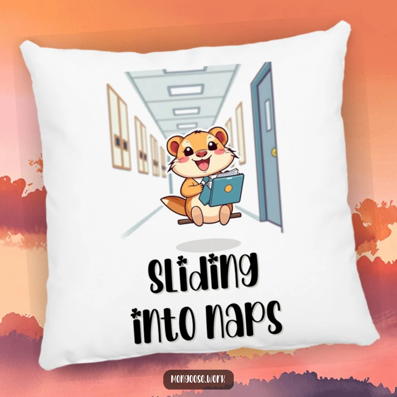 Funny Mongoose Pillow, a happy office worker sliding down a hallway on a file folder, offering comfort and playful humor.