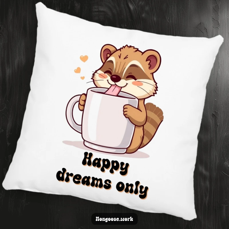 Funny Kawaii mongoose enjoying a giant coffee mug, depicted on a soft pillow, perfect for cozy relaxation and coffee appreciation.