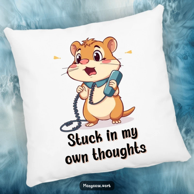 Funny pillow depicting a surprised mongoose office worker hopelessly ensnared by a phone cord, with a comically bewildered expression.