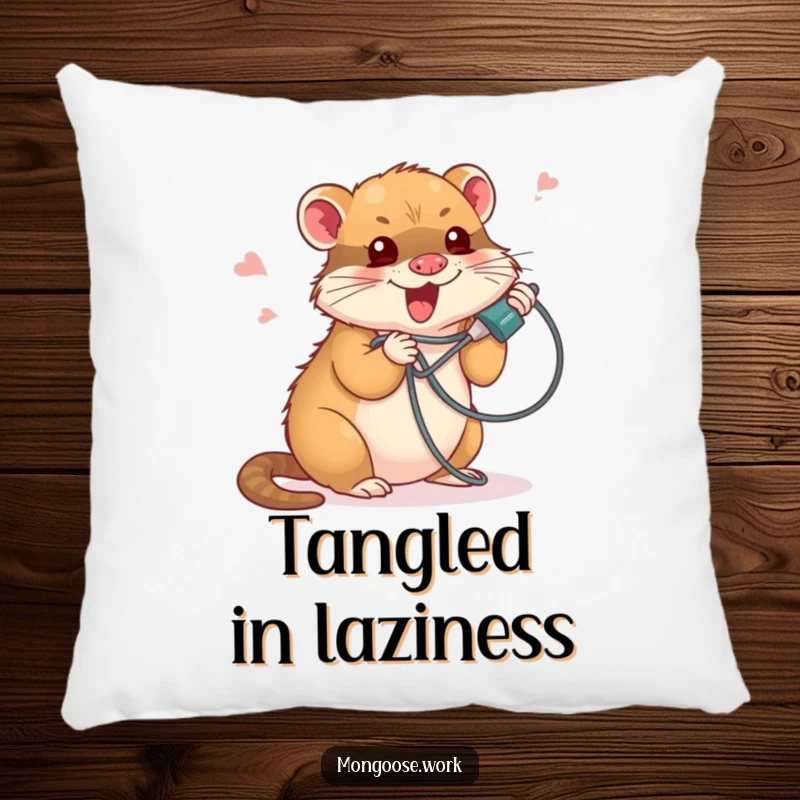 Funny pillow with a cute mongoose comically tangled in a phone cord, offering comfort and a humorous tech-struggle-themed accent.