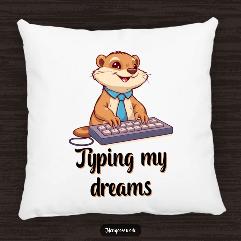 Funny mongoose in a tie enthusiastically typing on a keyboard with a smile, on a soft pillow for desk comfort.