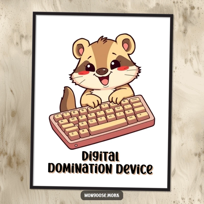 Funny Kawaii mongoose digital art, showing an excited mongoose typing on an oversized keyboard, perfect for instant energetic decor.