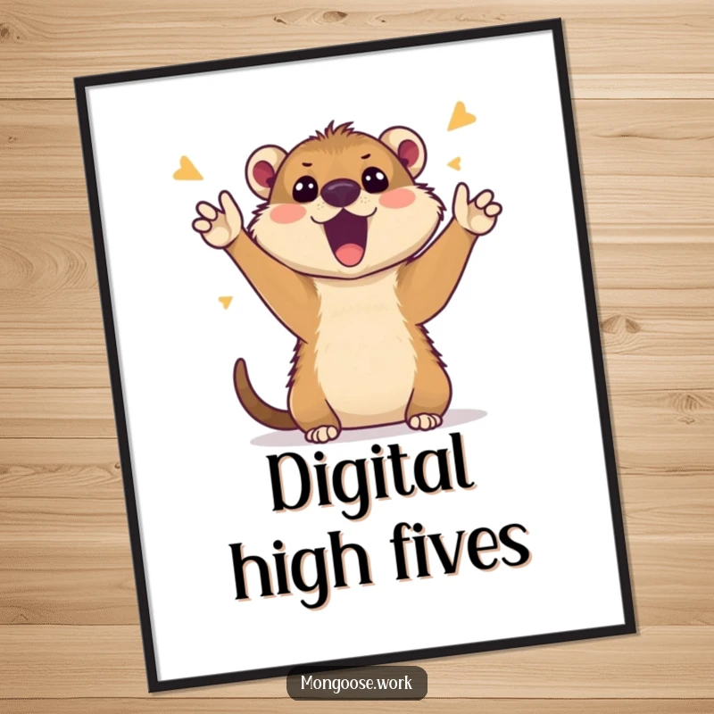 Funny Mongoose Digital Art Print: Enthusiastic mongoose cheering during a video call, high-resolution comical artwork, perfect funny gift.