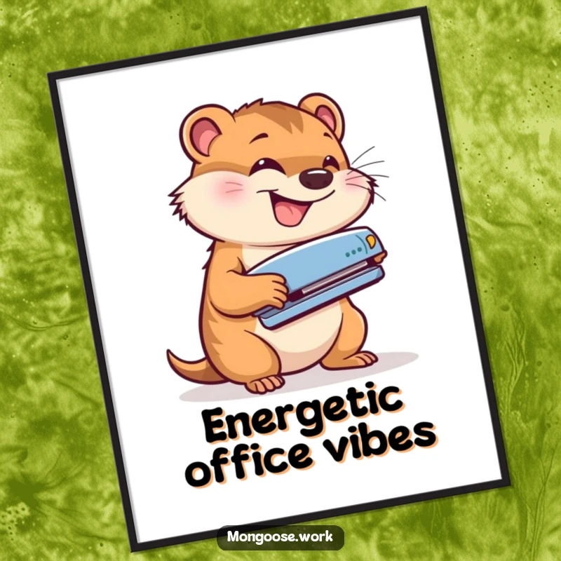 Funny digital art print of a cute mongoose energetically using a stapler with a grin, conveying a humorous and highly productive office mood.