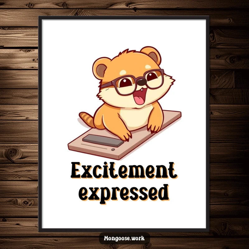 Funny digital art print of a cute mongoose wearing glasses sliding down a desk with excitement, adding playful energy and humor.