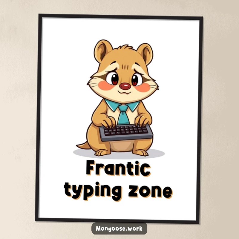 Funny surprised mongoose wearing a tie, frantically typing on a tiny keyboard, as digital art.