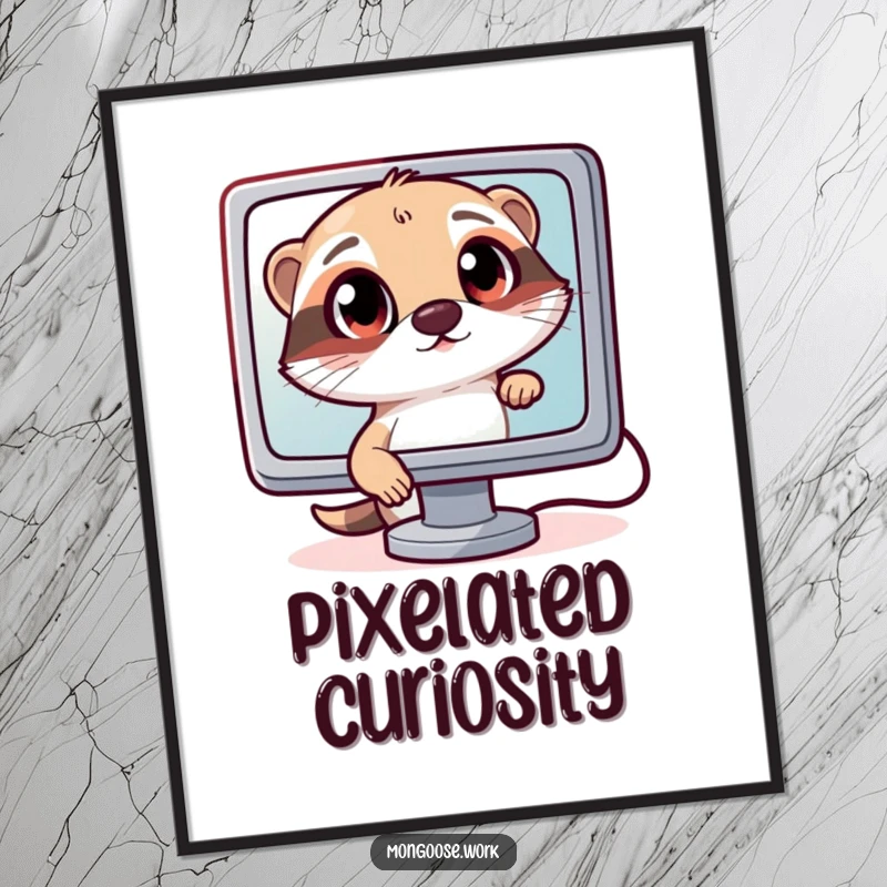 Funny Curious Mongoose Digital Art: A mongoose intently staring at a computer monitor, symbolizing curiosity, perfect for instant funny tech decor.