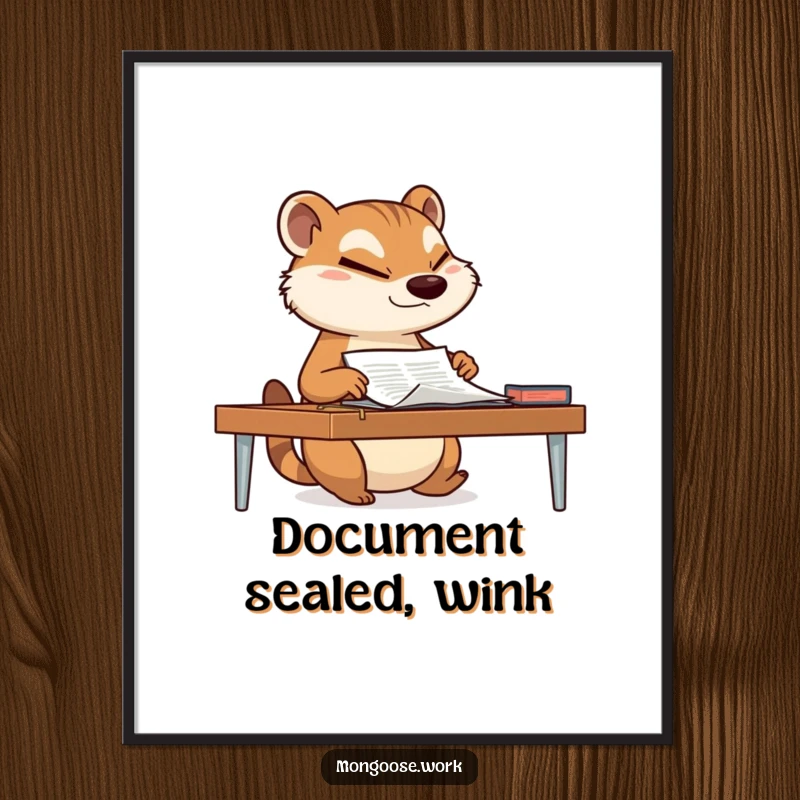 Funny mongoose sliding a document across a desk with a determined wink, as a digital art print, adding suave humor to any room.
