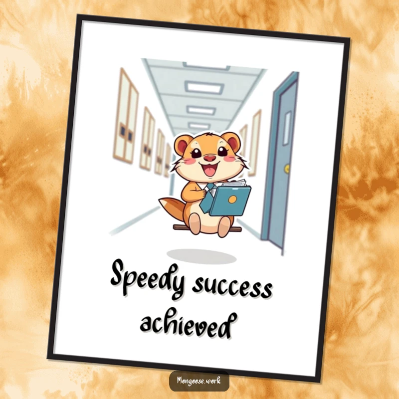 Funny Mongoose Digital Art Print, a happy office worker sliding down a hallway on a file folder, symbolizing office joy.