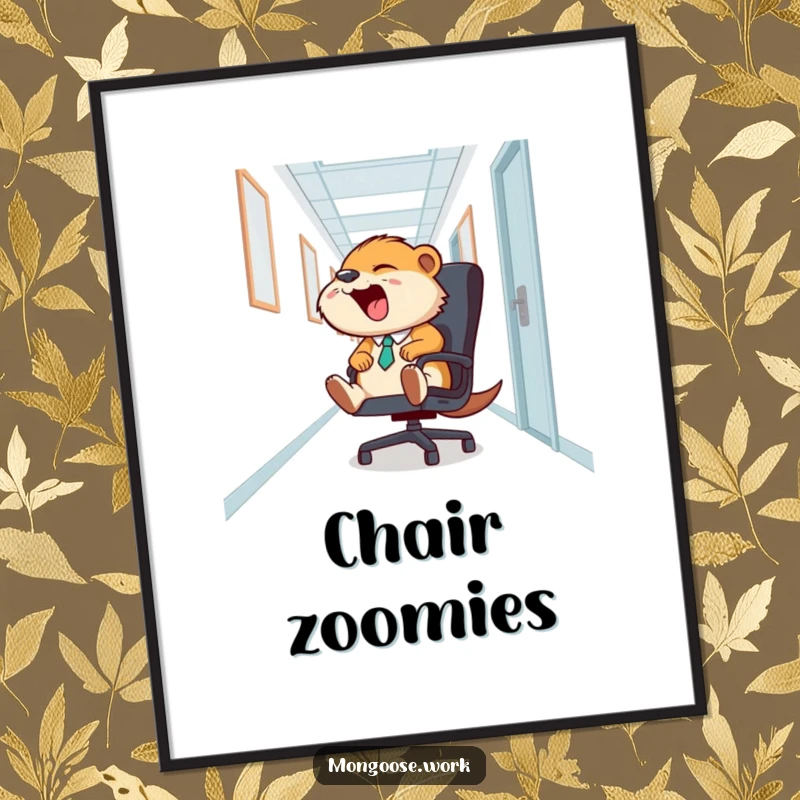 Funny Mongoose Office Chair Digital Art: A laughing mongoose slides on an office chair, perfect for instant humorous wall decor and funny gifts.
