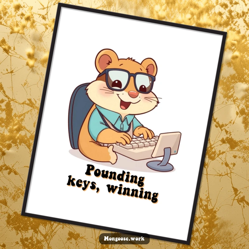Funny digital art print of a giddy mongoose office worker typing with extreme speed on a tiny keyboard, conveying high energy and office antics.
