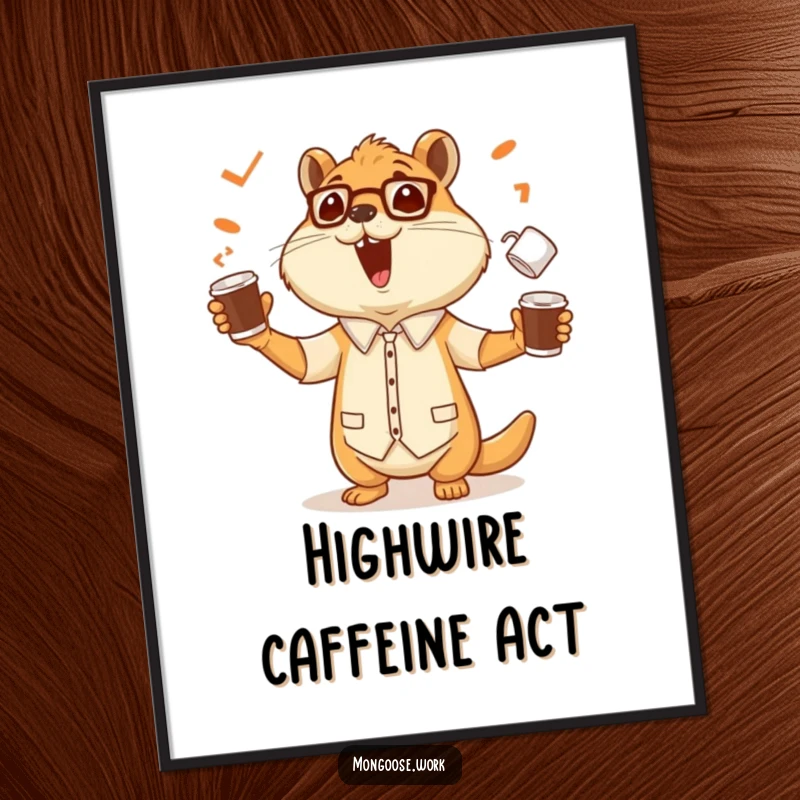 Funny digital art print of a cheerful mongoose office worker skillfully juggling multiple coffee cups, embodying impressive dexterity and joy.