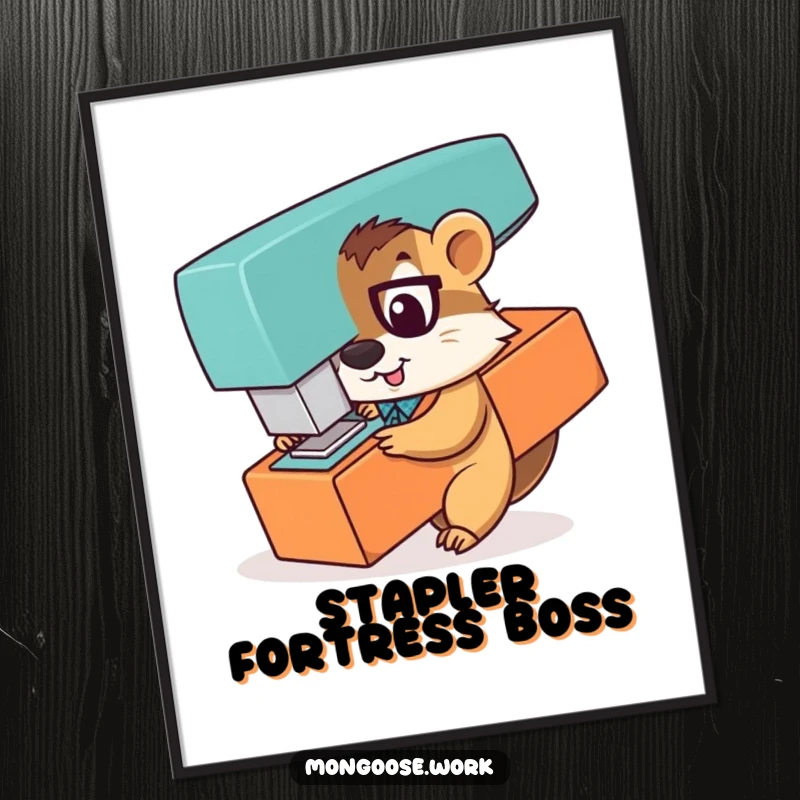 Funny digital art print of a playful mongoose office worker peeking mischievously from behind a giant stapler, embodying office hide-and-seek fun.