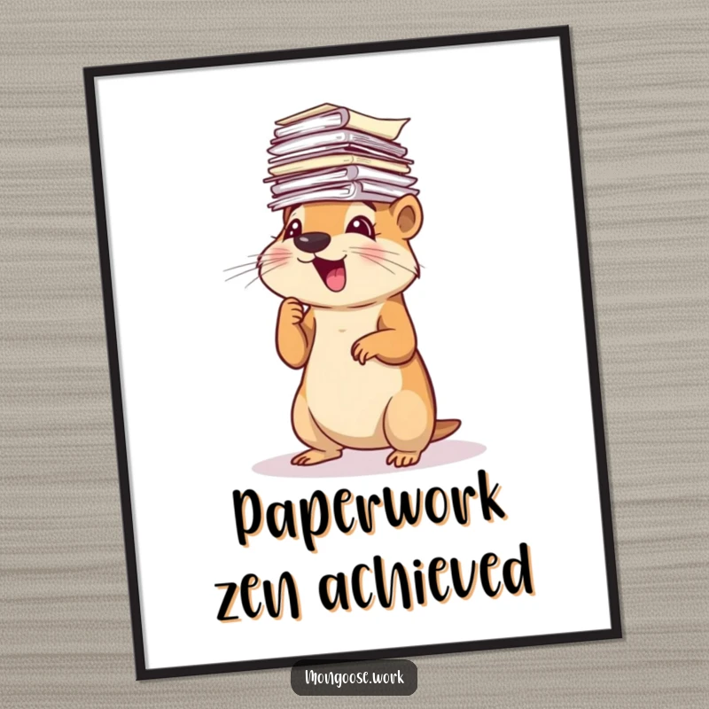 Funny Mongoose Digital Art Print: An excited mongoose energetically sorting a mountain of papers, a whimsical and humorous scene.