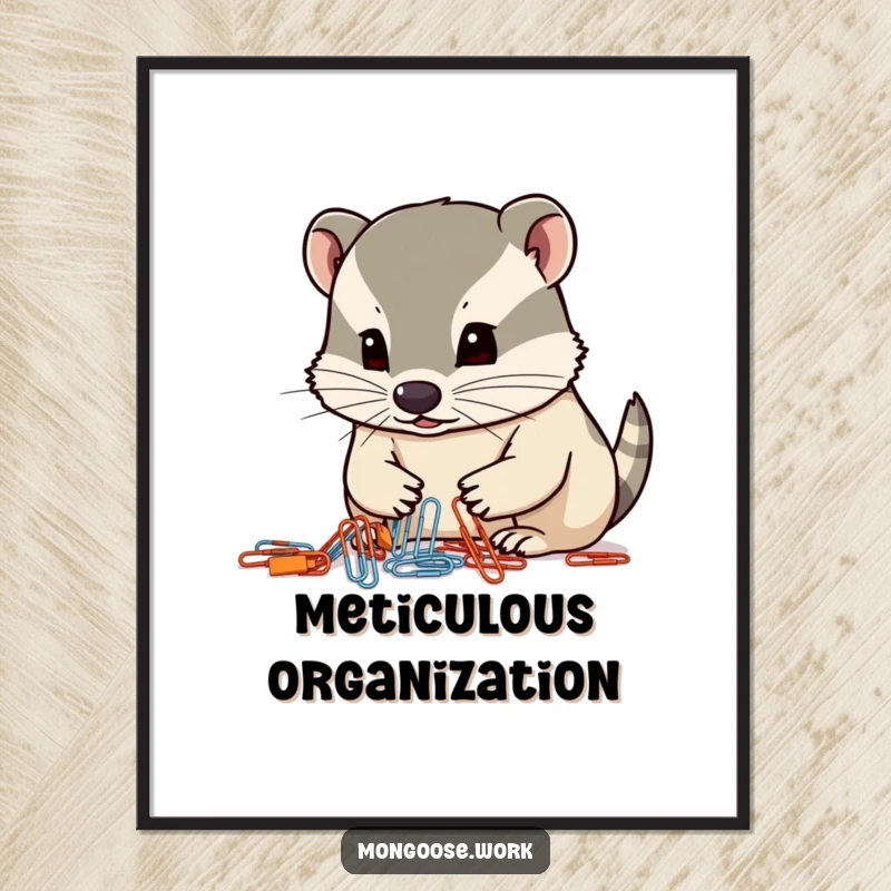 Funny mongoose digital art, a focused mongoose organizing paperclips with its nose, office organization printable.