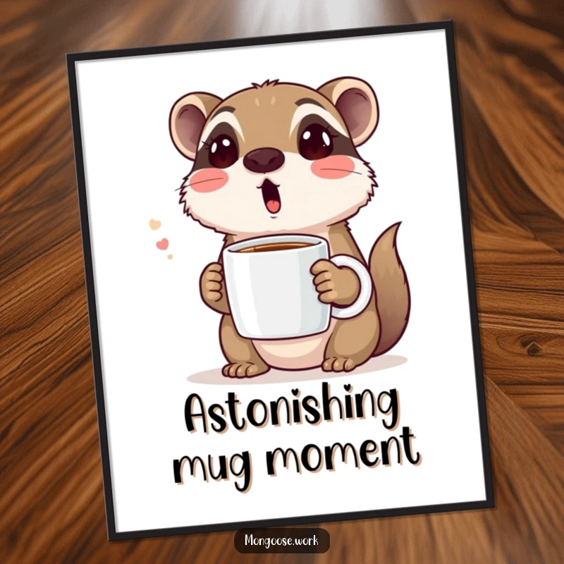 Funny digital art print of a cute mongoose with a surprised expression, holding a coffee mug, conveying a humorous and relatable morning mood.
