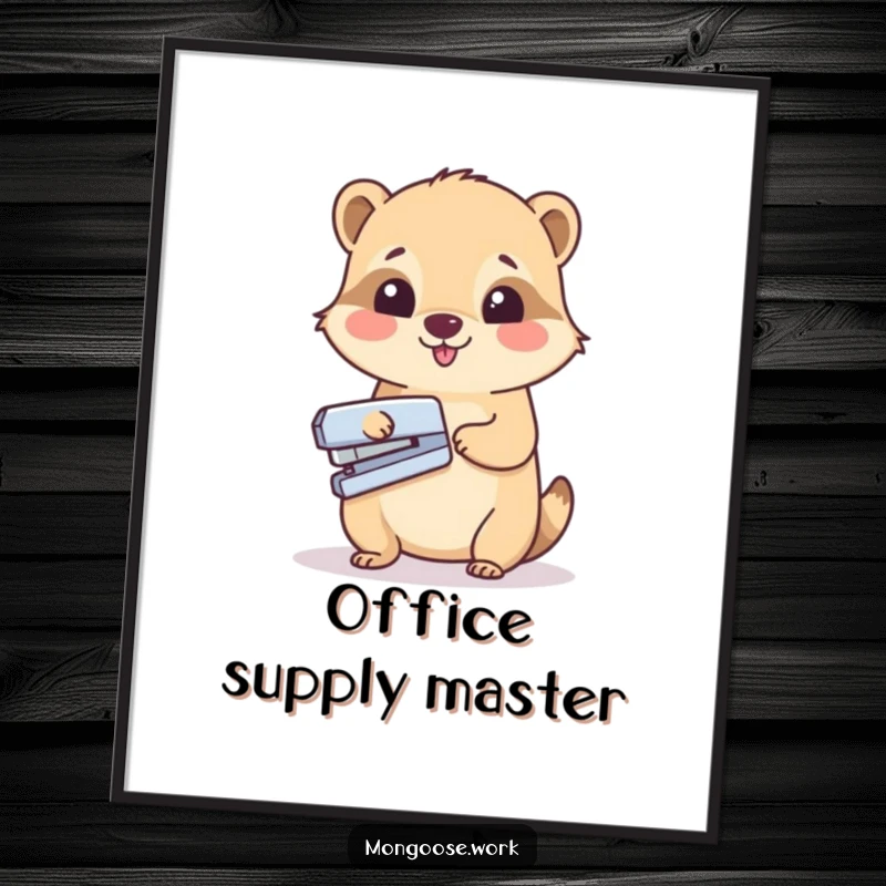 Funny digital art print of a cute mongoose happily stapling a sheet of paper, perfect for inspiring office productivity.