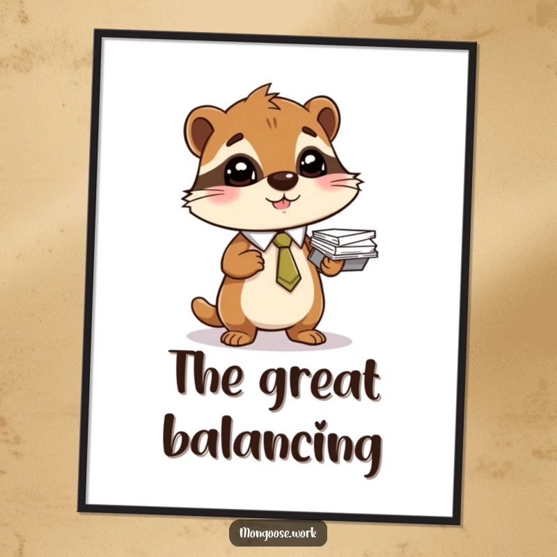 Funny digital art print of a mongoose in a tie balancing a stack of papers, ideal for office decor.